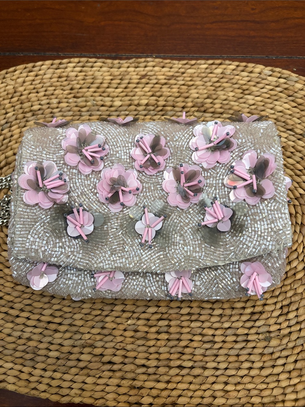 Beaded Floral Embellished Pink Evening Clutch